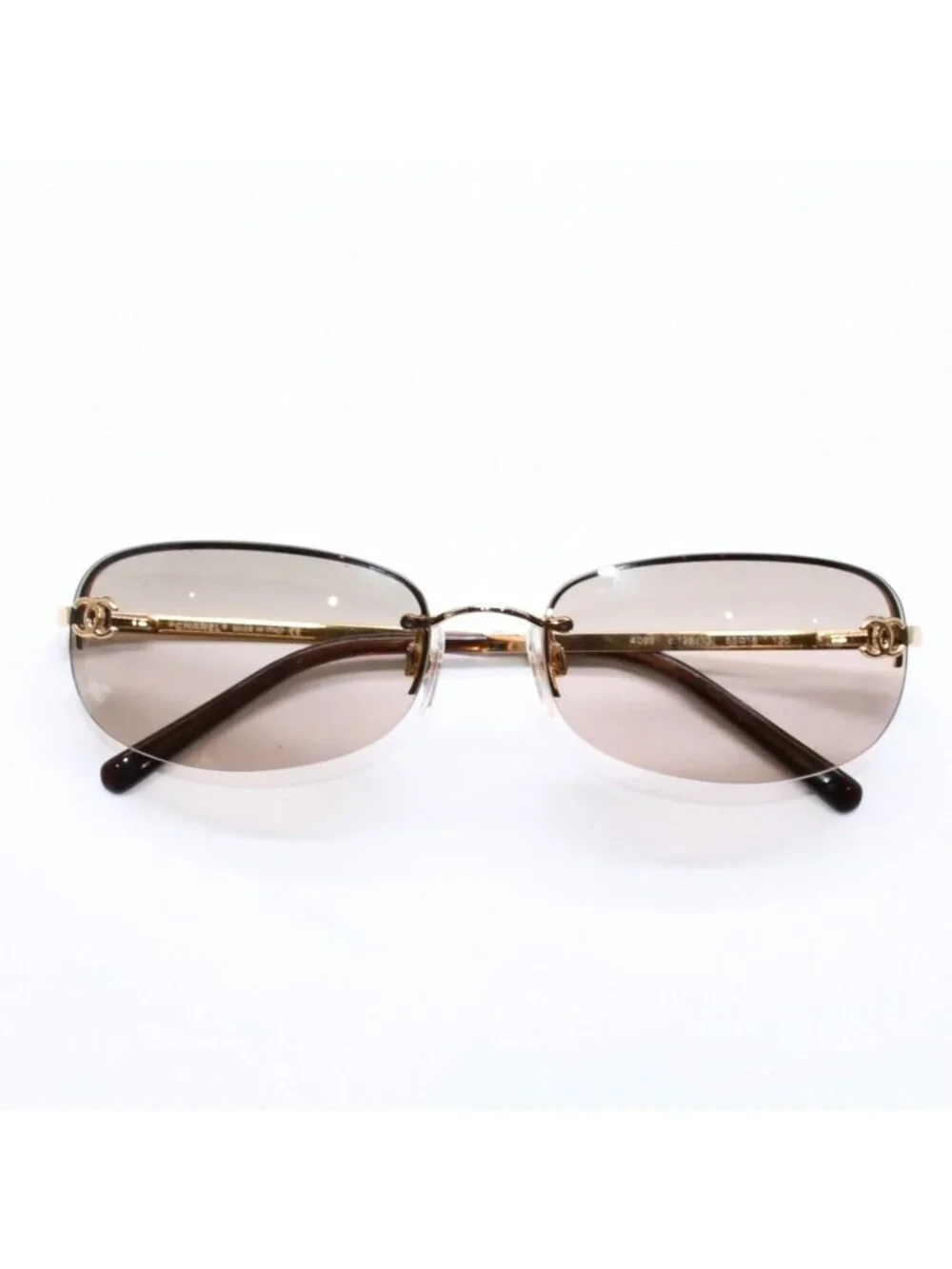 Chanel Rimless Sunglasses Side CC Logo Metal Brown Gold Eyewear